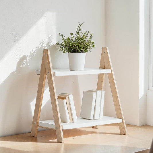 Widra Desktop Bookshelf - 2-Tier Small Bookcase for Desk - Space Saving Organizer for Office Supplies & Books - Minimalist White Wood - Trapezoidal Stable Design