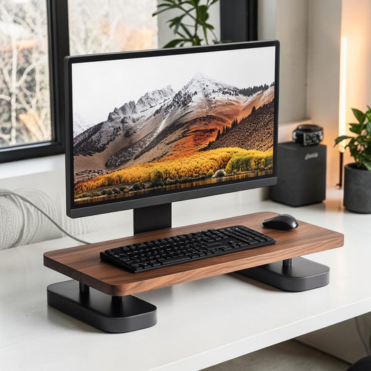 Widra Solid Wood Monitor Stand Riser - Dual Tier Expandable Desktop Organizer - Ergonomic Height for iMac & Laptop - Walnut & Steel - Length Adjustable