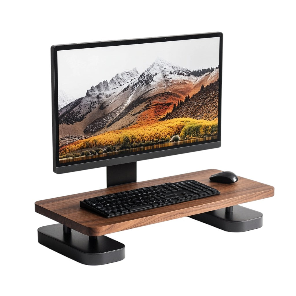 Widra Solid Wood Monitor Stand Riser - Dual Tier Expandable Desktop Organizer - Ergonomic Height for iMac & Laptop - Walnut & Steel - Length Adjustable